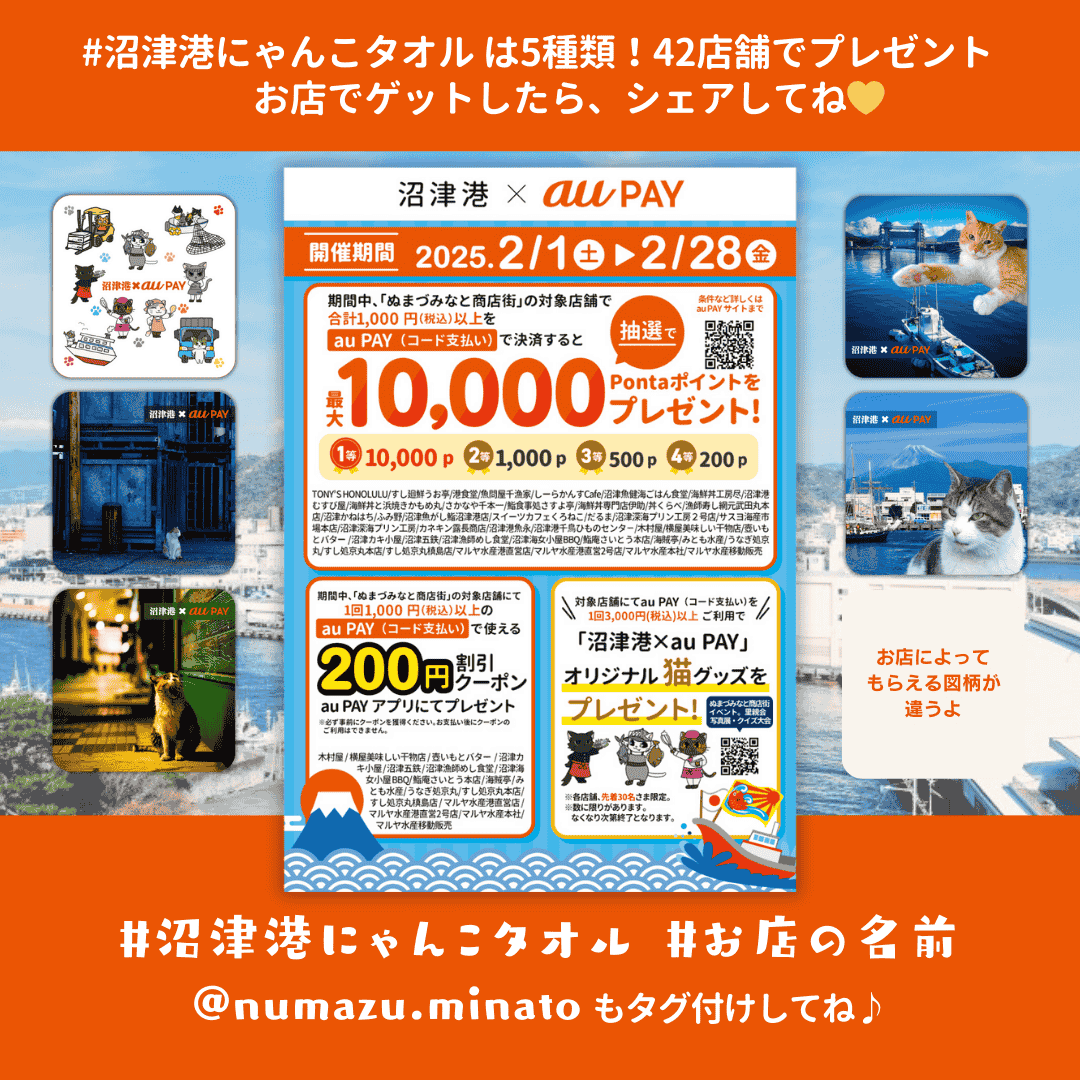 沼津港の2月イベントは、沼津港にゃんこタオルがもらえる